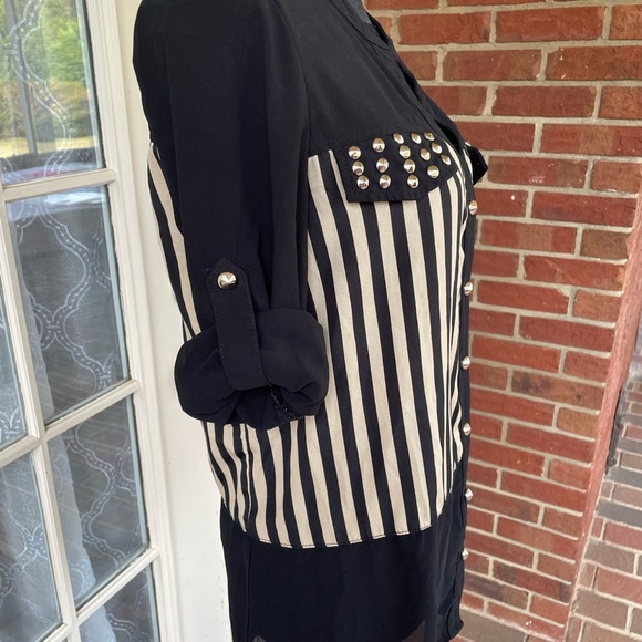 Black and Cream Button Down Shirt with Studded Detail - Picture 2 of 5